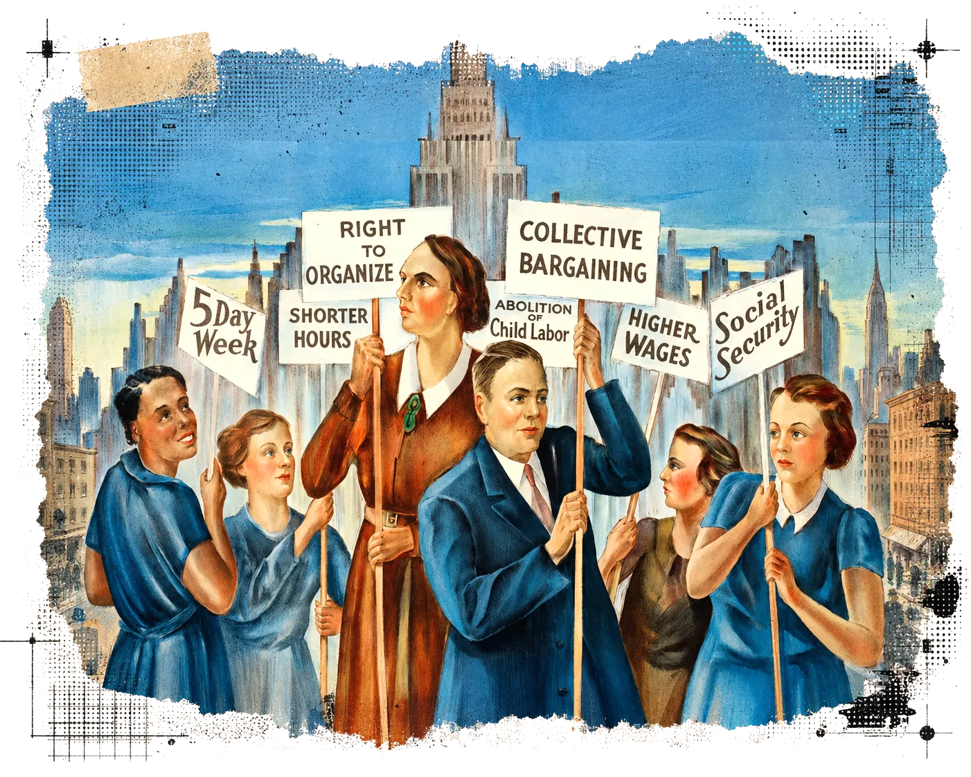 Workers with signs in industrial revolution era illustration